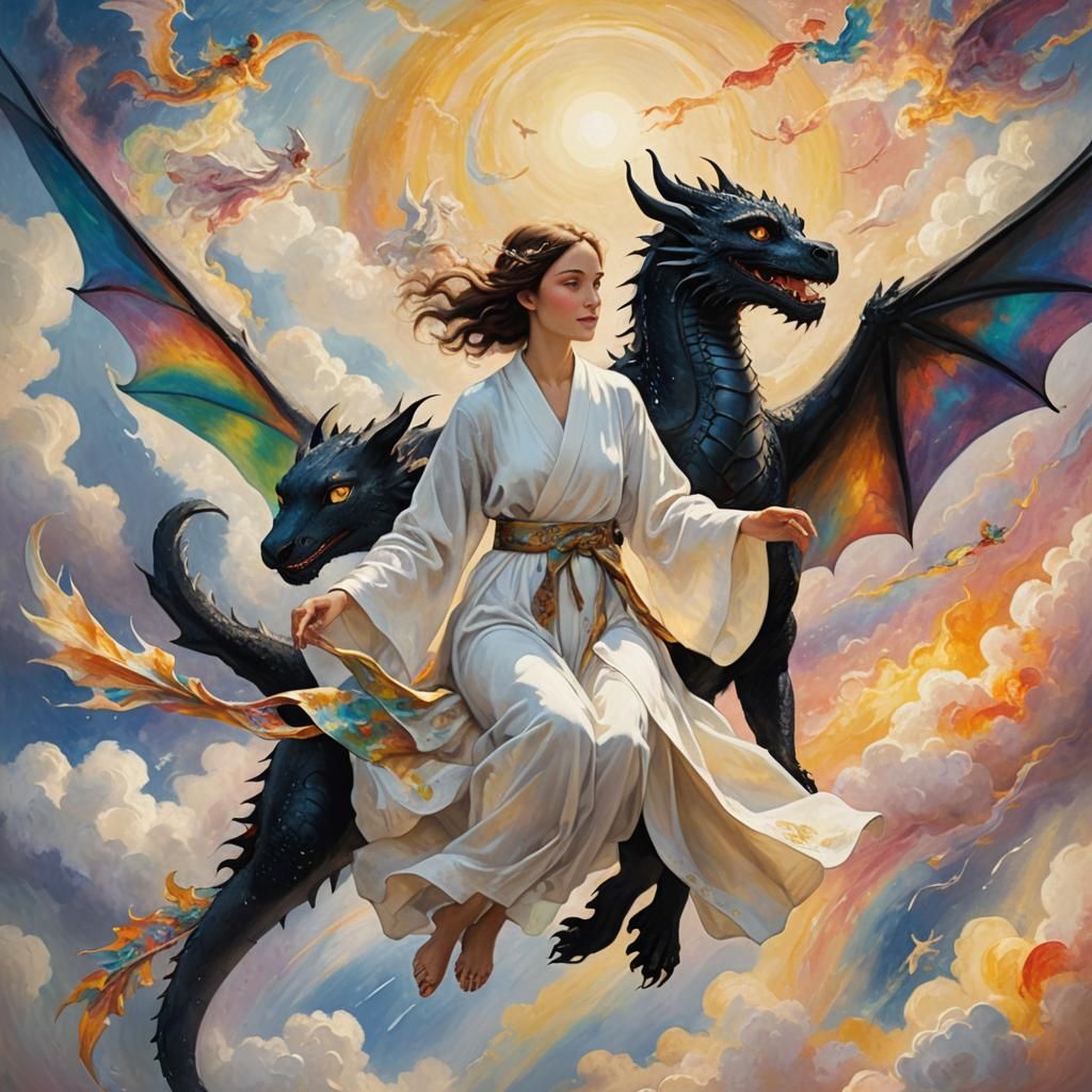 Girl Rides Dragon Cat in Ethereal Fantasy Art