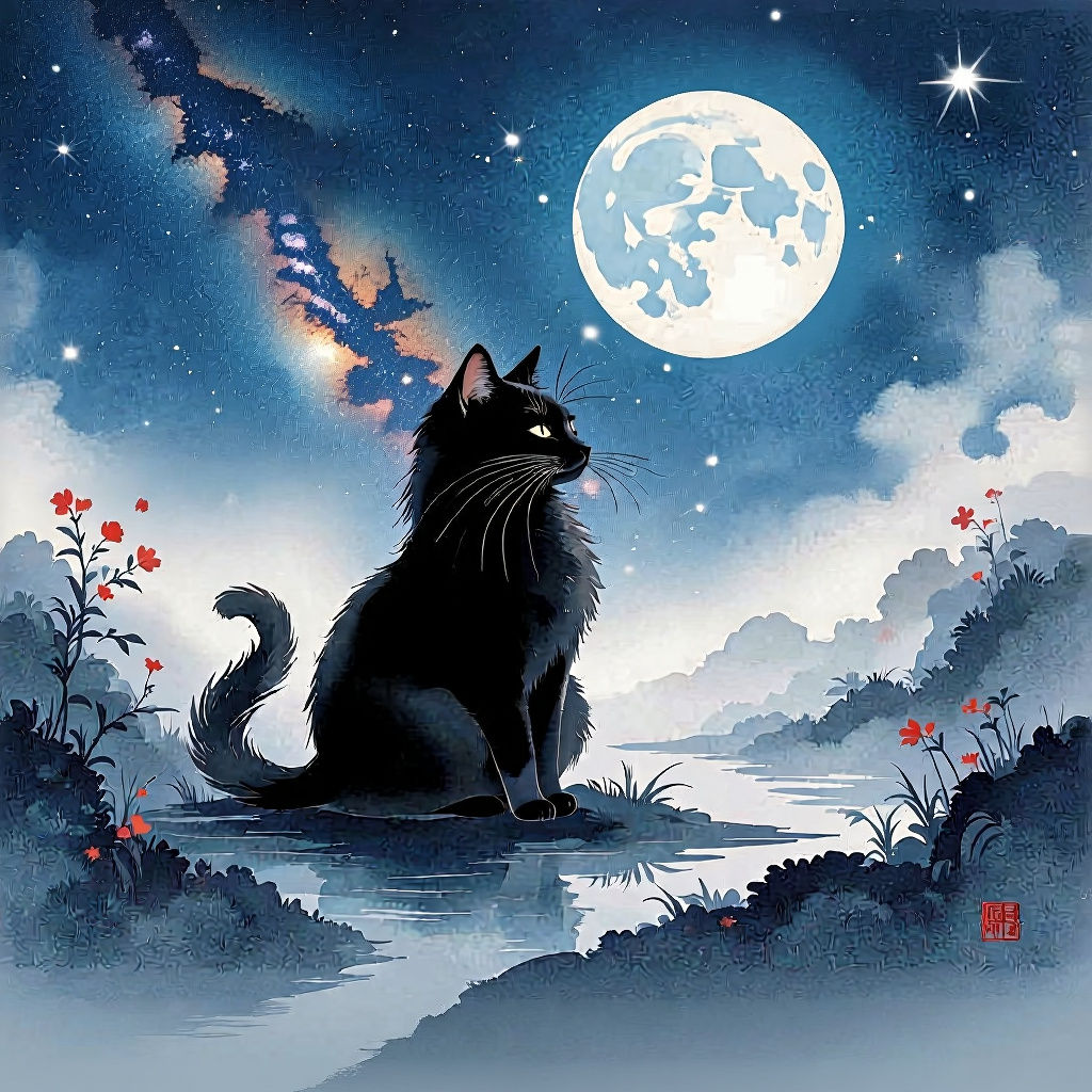 Black Cat as Flowing Ink in Celestial Chinese Watercolor