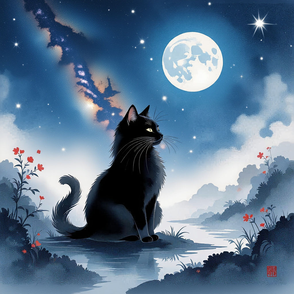 Black Cat With Ink Fur Under Blue Moon