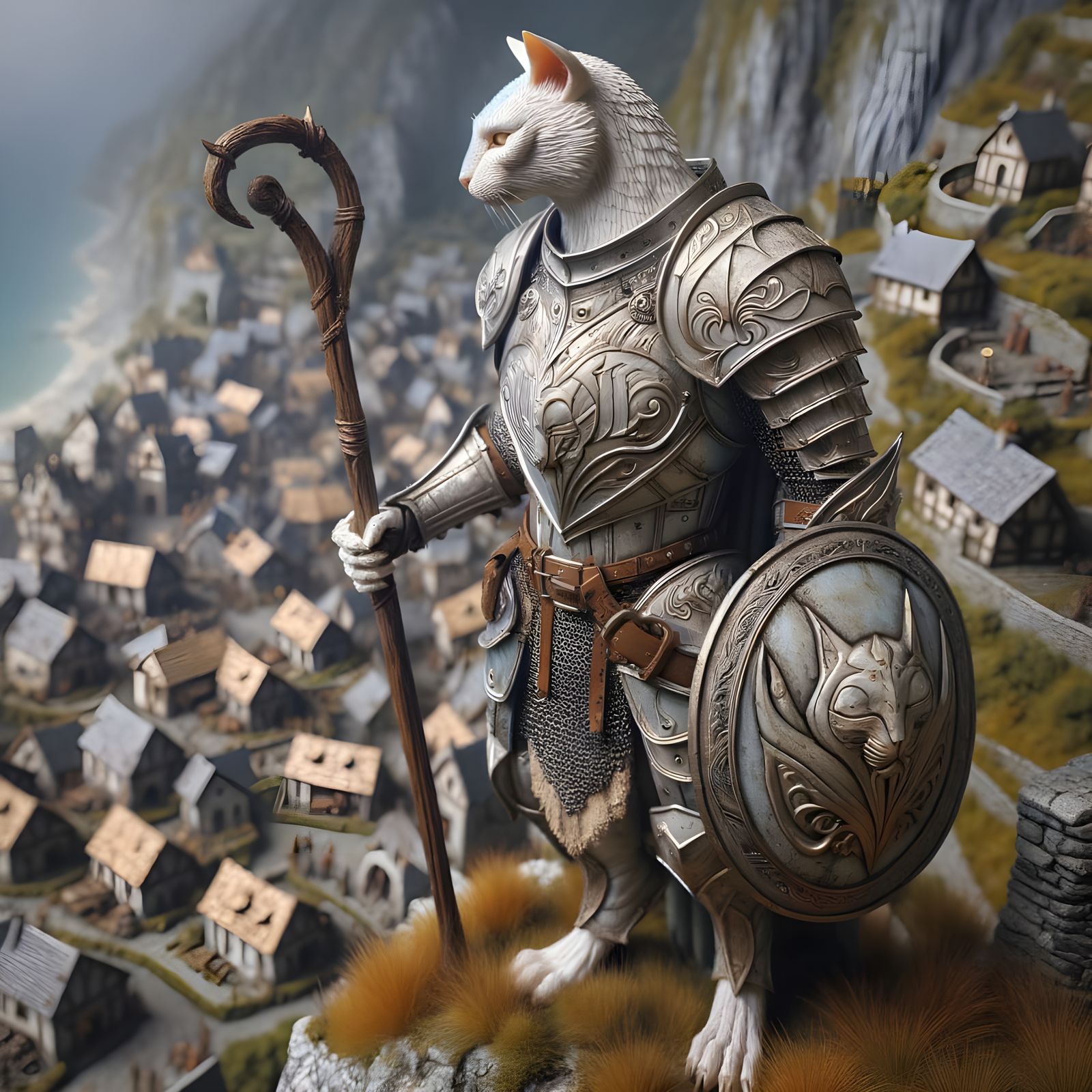 Albino Tabaxi Warrior Stands Vigilant on Cliff Edge