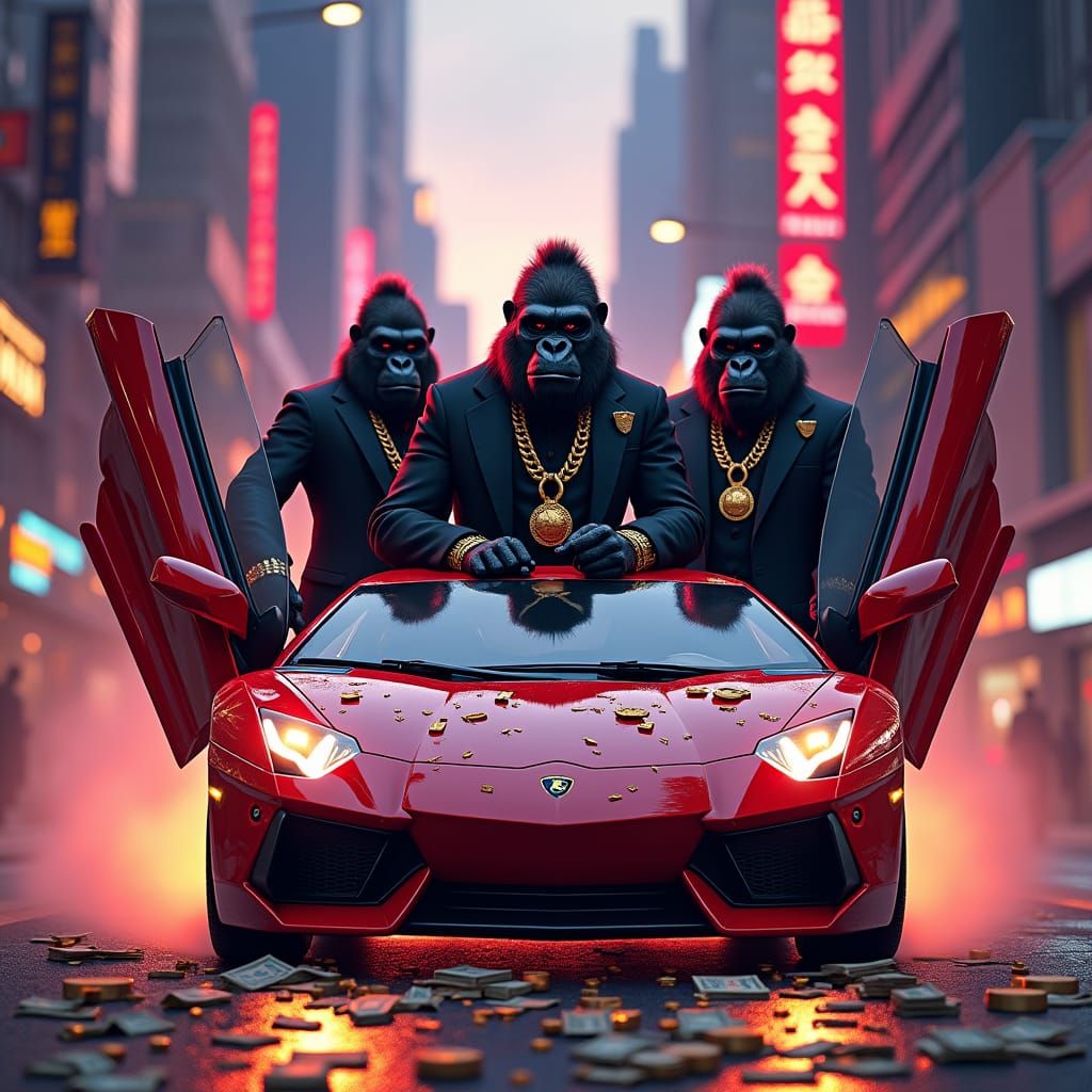 Gangster Gorillas Driving Lamborghini in Dystopian City
