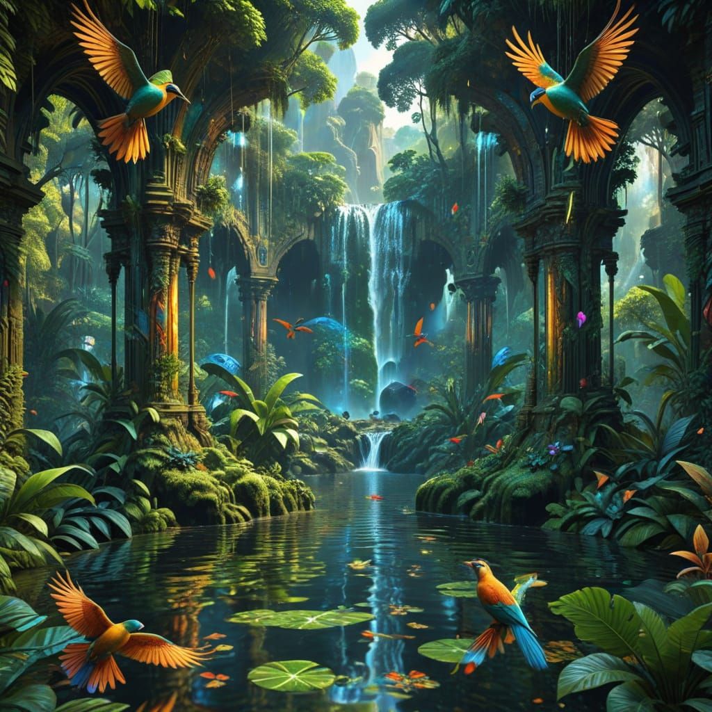 Lush Jungle Waterfall Kaleidoscope in Digital Art