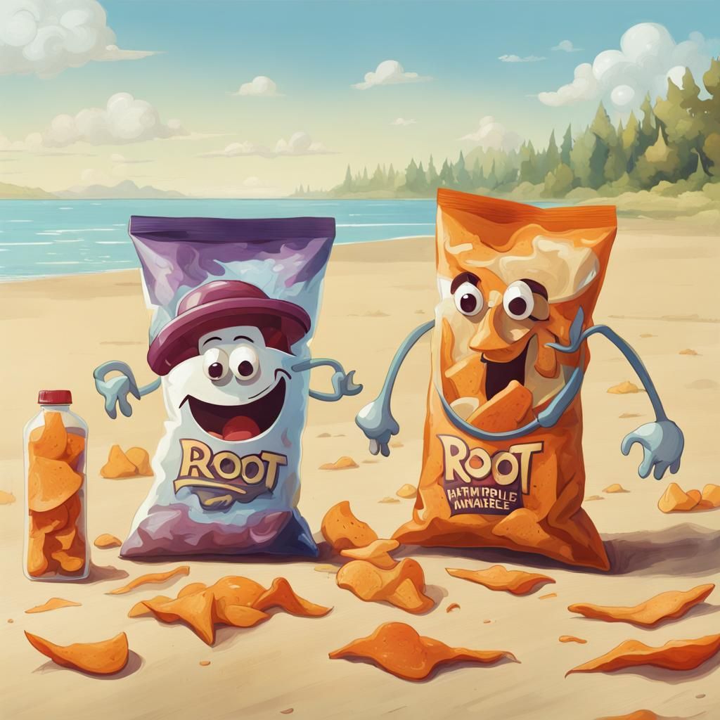 Anthropomorphic Chips Bag Running on the Beach