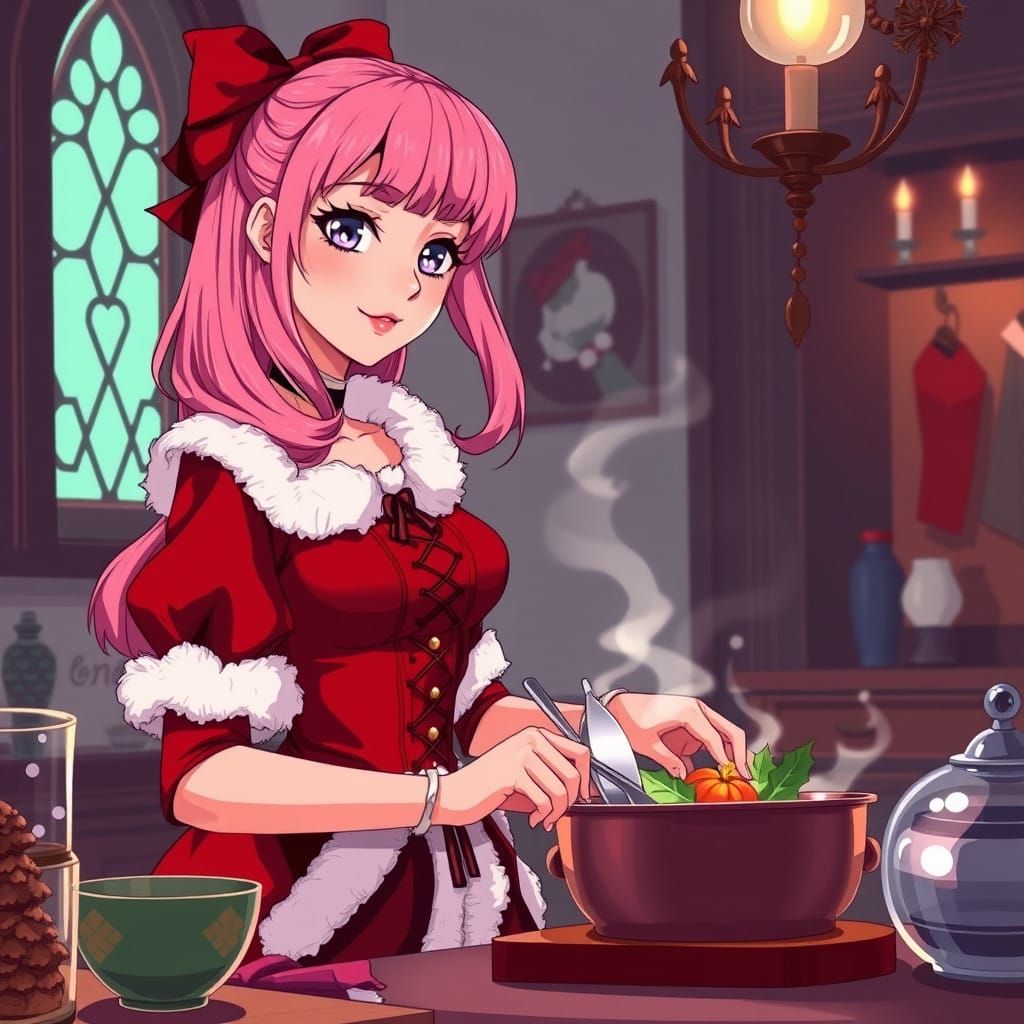 Gothic Santa Siren in Darkly Elegant Dinner Scene