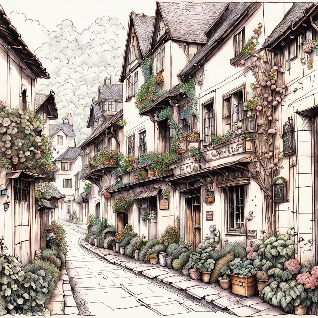 Intricate Pen and Ink Drawing of a Beautiful Village Street
