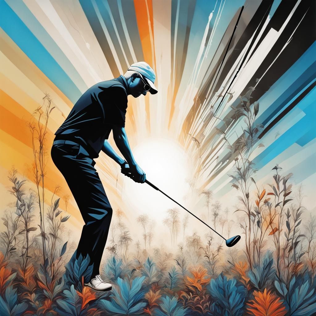 Abstract Surrealist Golfer with Multicolored Linear Backgrou...