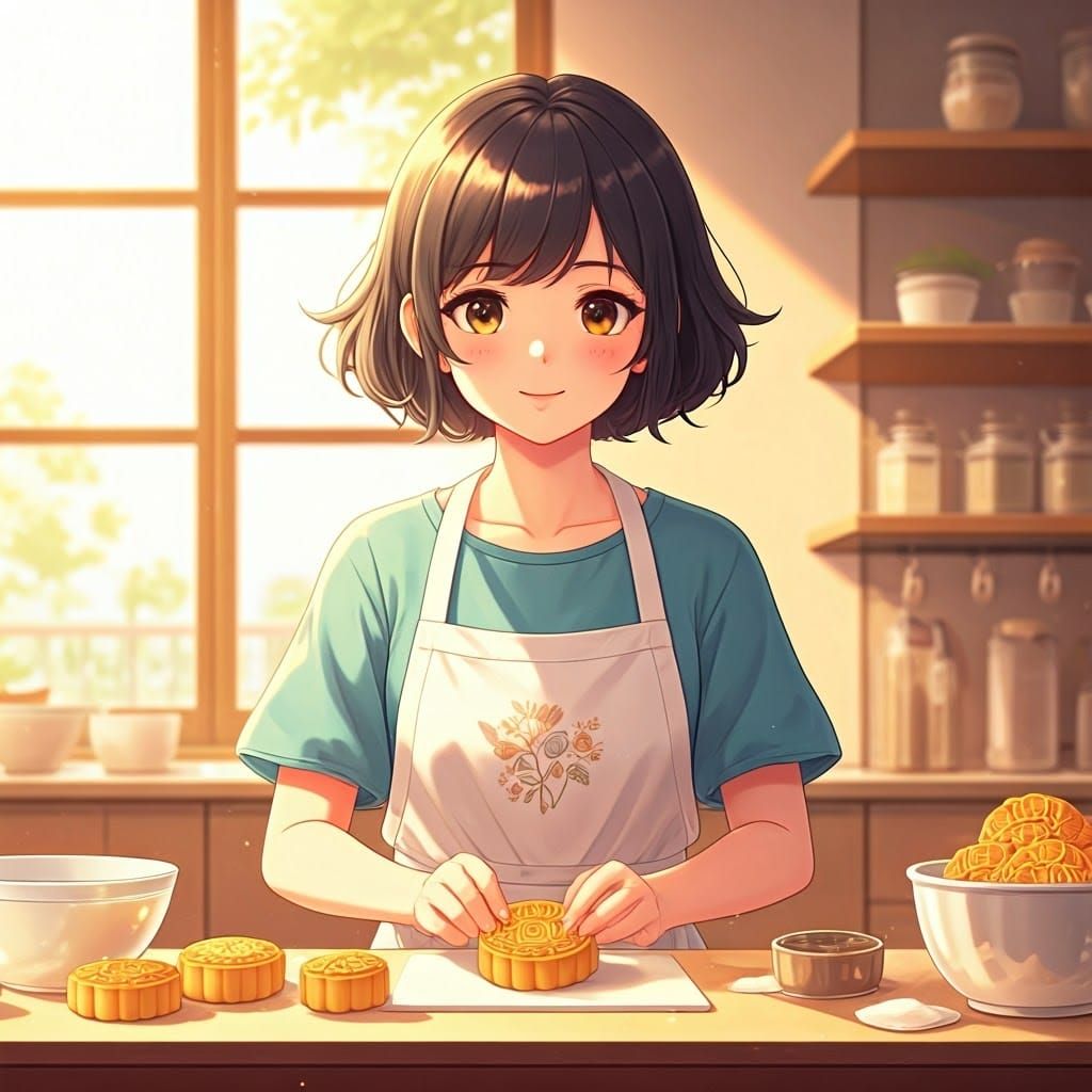 Anime Woman Baking Mooncakes in Cozy Kitchen