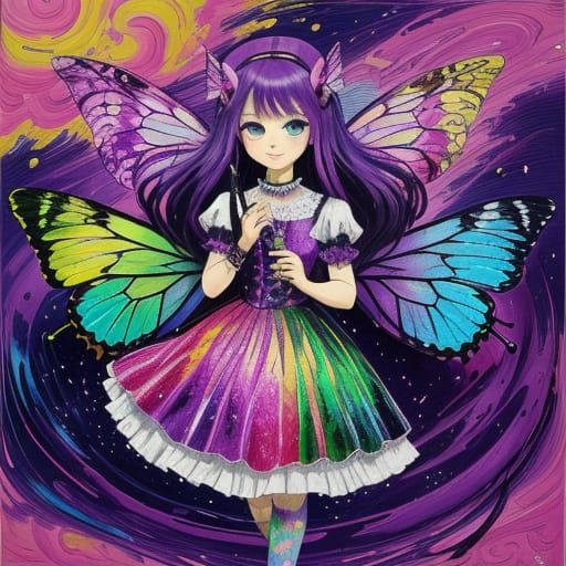 Vibrant Fairy in Swirling Rainbow, Chibi Style, with Glitter...