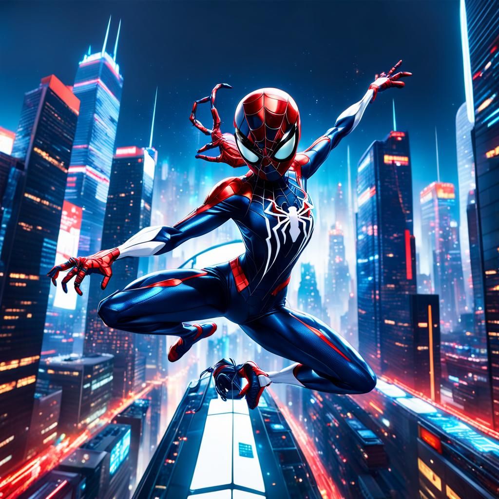 Spider-Girl in Futuristic Cityscape: 3D Anime Art