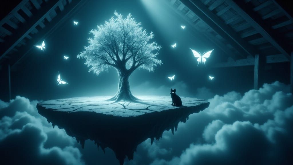 Surreal Floating Island with Glowing Tree and Cat