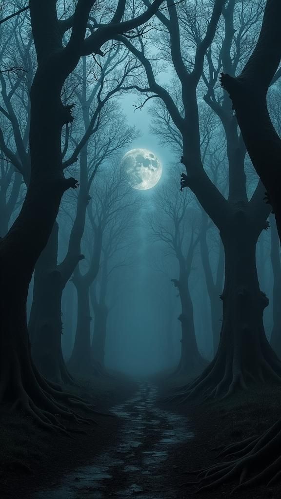 Eerie Shadows in Dark Forest Moonlight