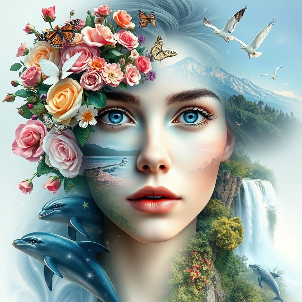 Serenity in the Cosmos: Ethereal Female Face Collage