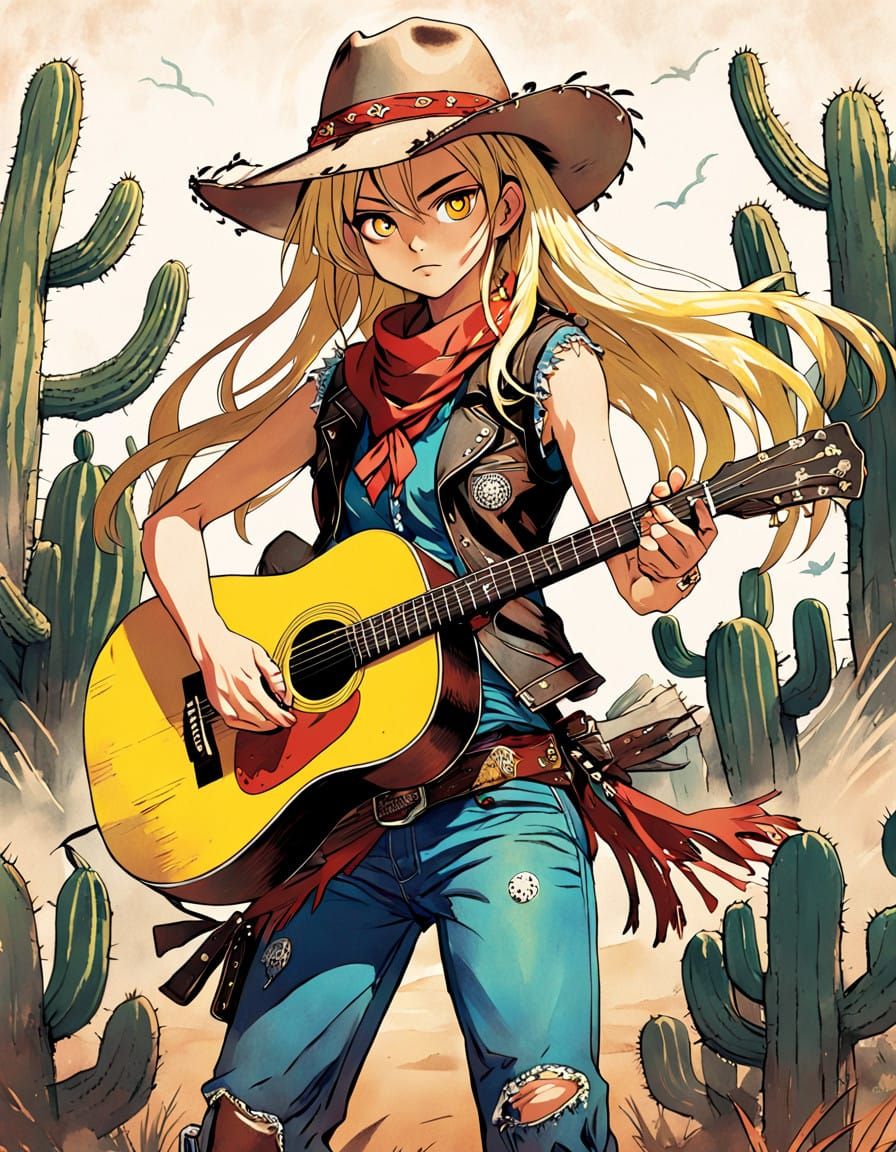 Blonde Cowgirl Sings Wild West Ballad in Vibrant Anime Style