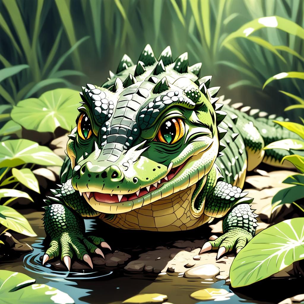 Adorable Baby Crocodile in Anime Style