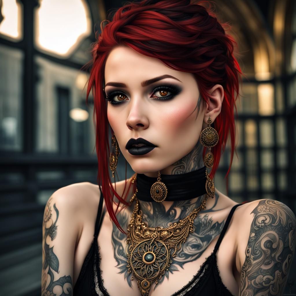 Gothic Woman with Golden Eyes, Hyperrealistic Portrait