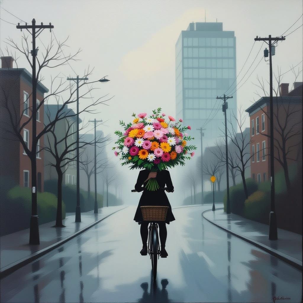Surreal Oil Painting of Cyclist with Flowers in Misty City