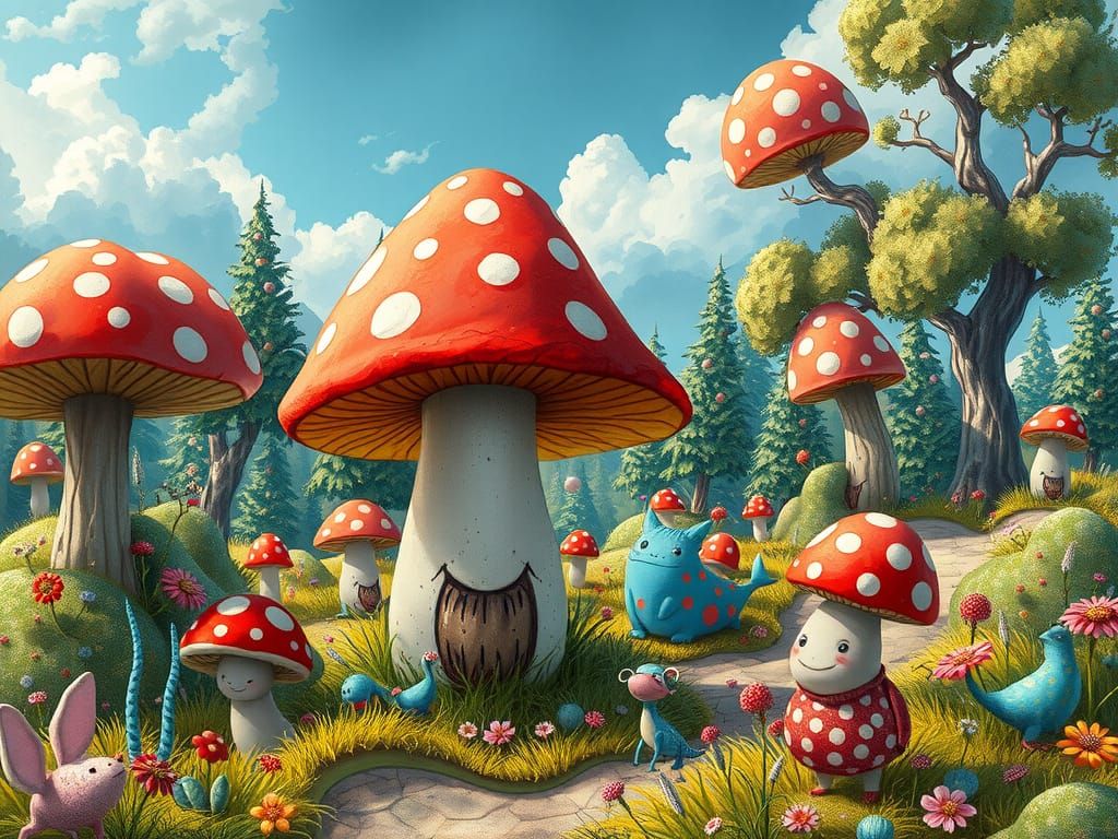 Polka-Dotted Mushroom Fantasy Landscape in 4K