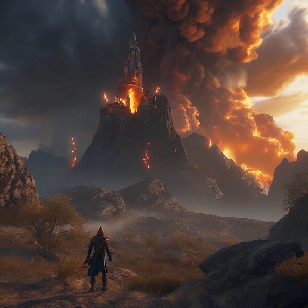 Wizard in Thunderstorm with Fiery Blaze, Oil Painting