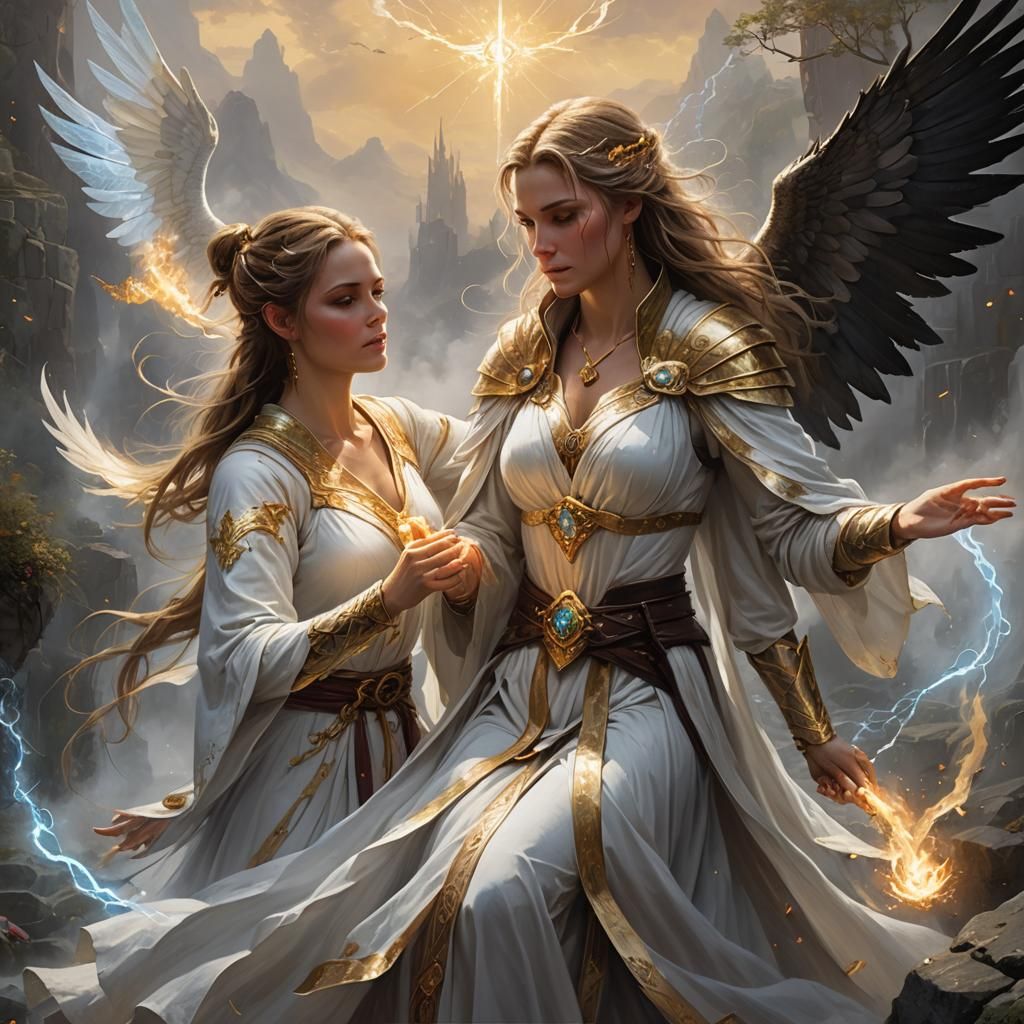 Aasimar Sorceress Heals Companion in Dark Fantasy Scene