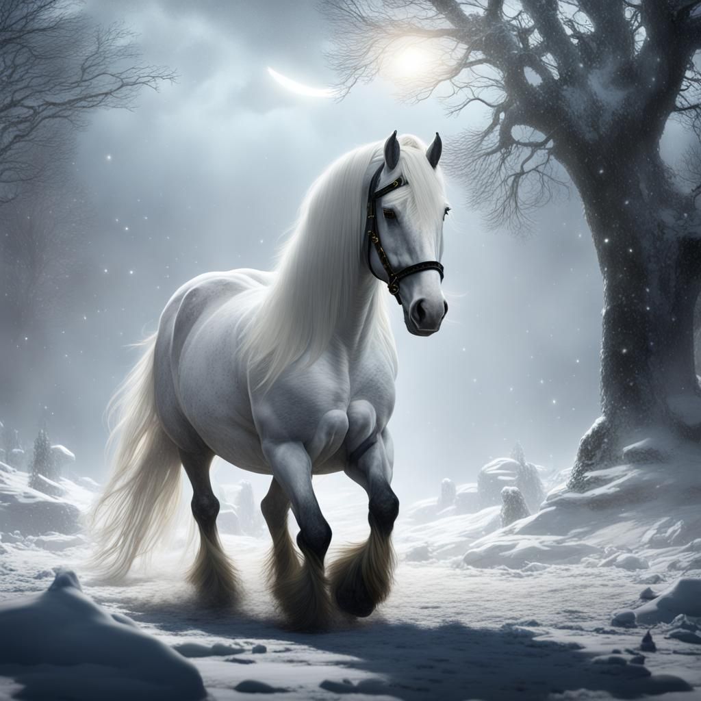 White Shire Horse in Snowy Storm with Lightning