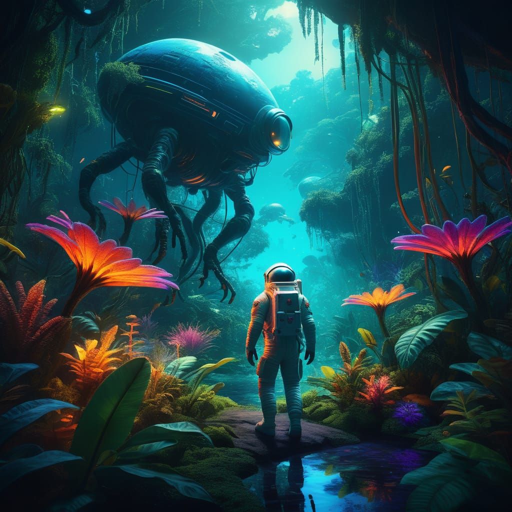 Astronaut Explores Vibrant Alien Jungle in Sci-Fi Concept Ar...