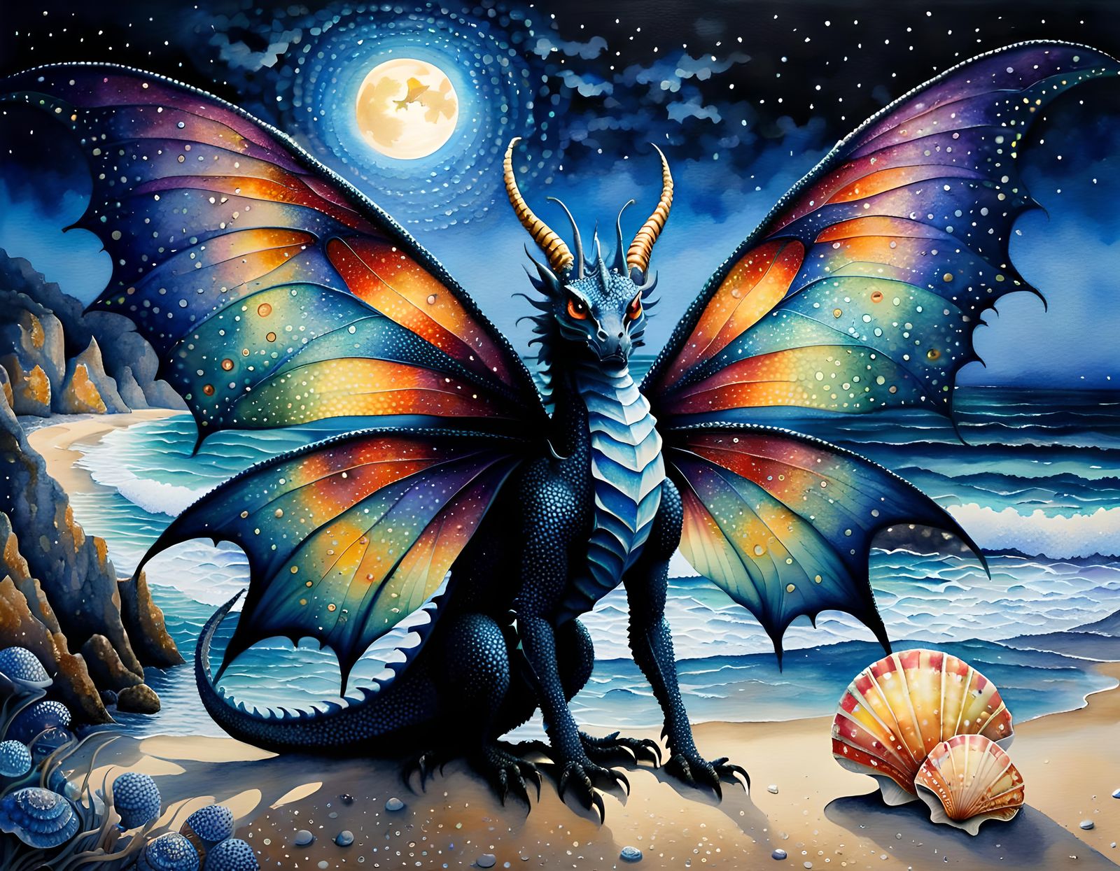Ethereal Gothic Dragon with Butterfly Wings in Pointillism