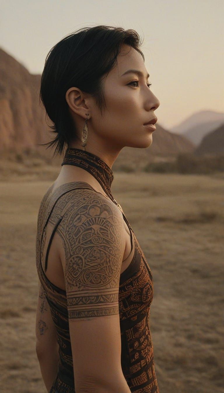Confident Asian Warrior in Sunset Splendor