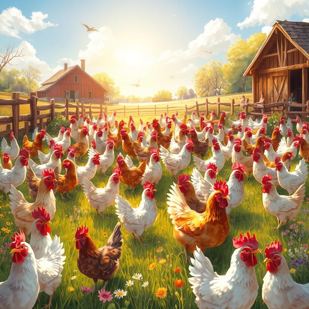 Whimsical Chicken Farm in Classic Illustration Style