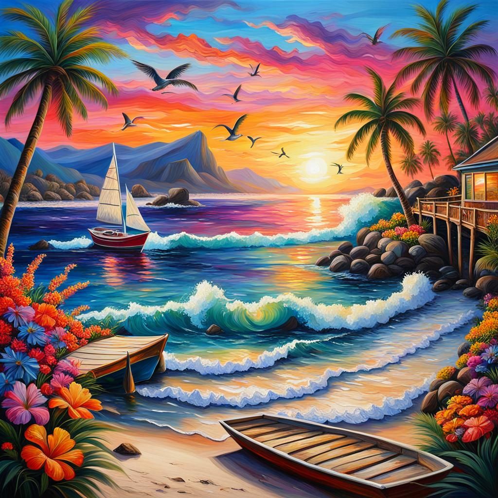 Vivid Beach Sunset Painting with Palm Trees