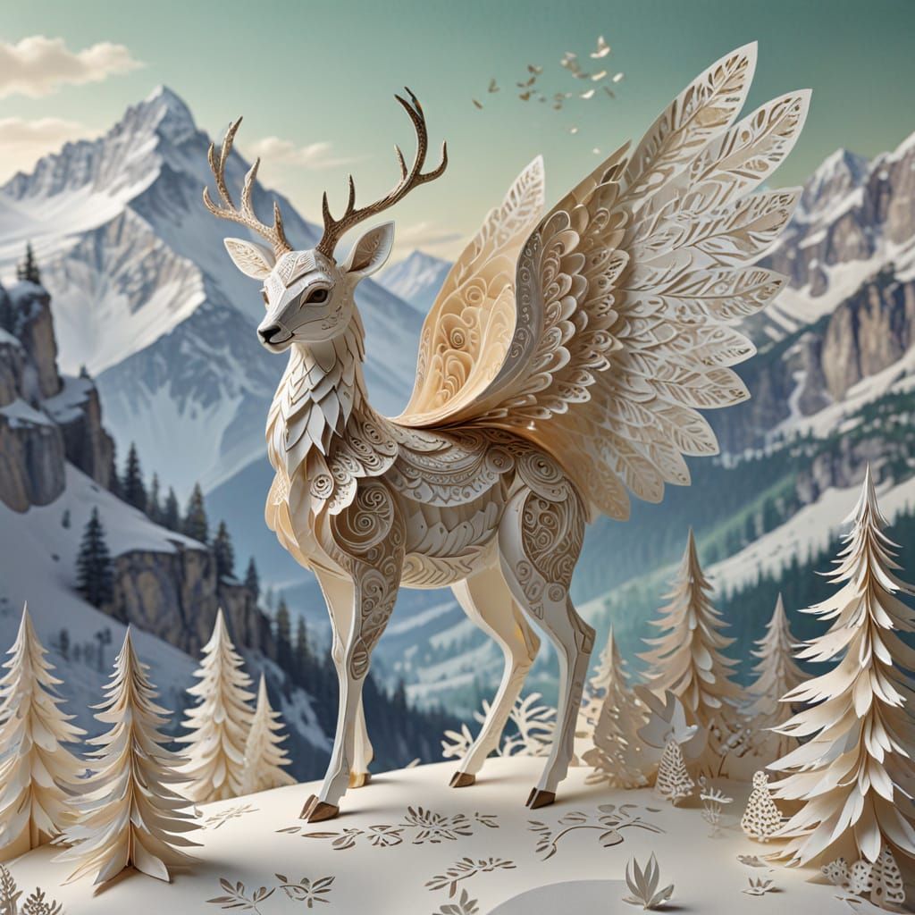 Majestic Paper Deer-Owl Hybrid in Alpine Wilderness