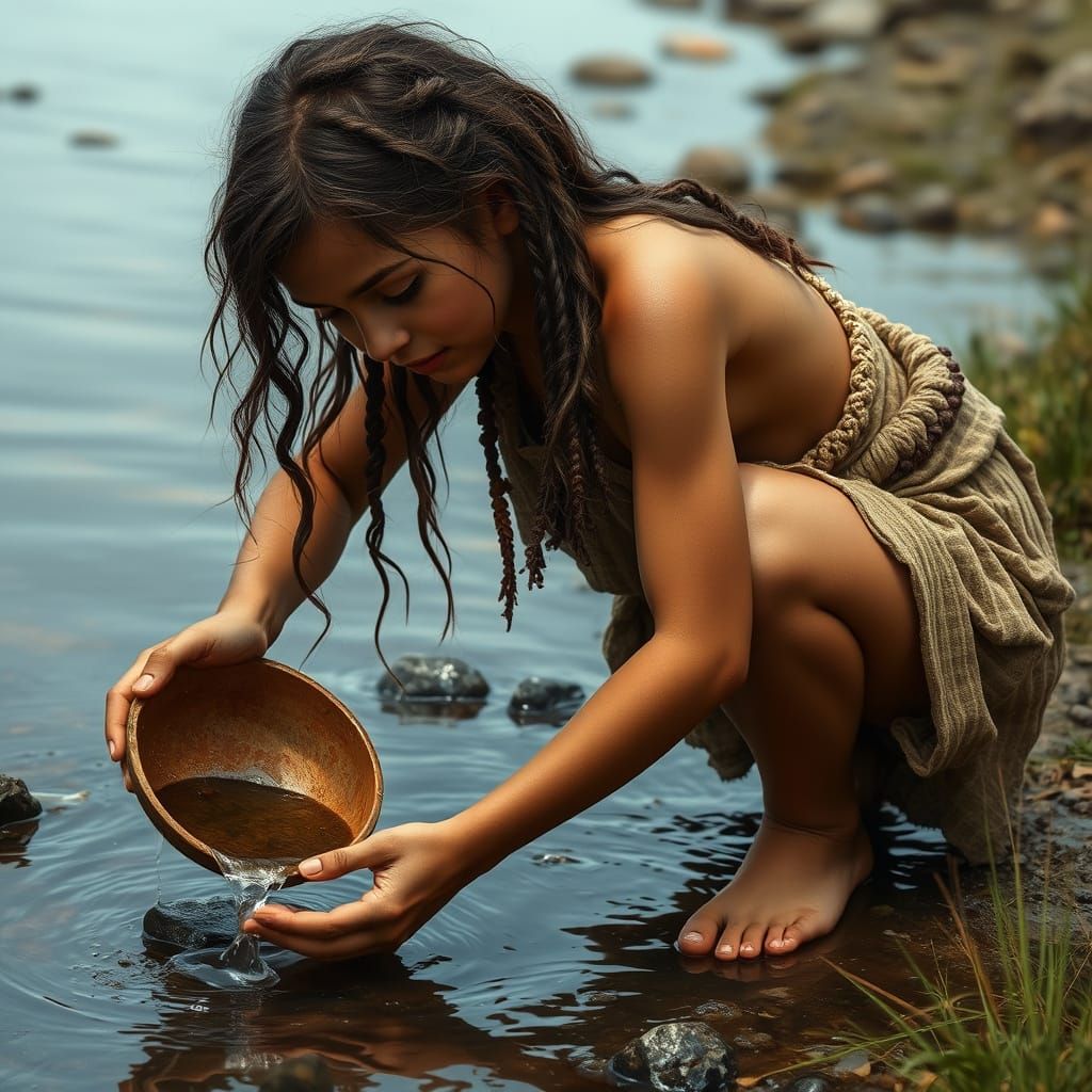 Ancient Woman Collects Water from a Mountain Stream in Photo...