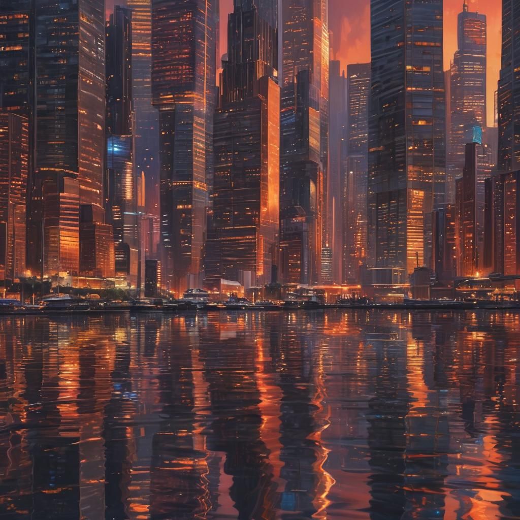 Futuristic Cityscape at Sunset in Triadic Colors