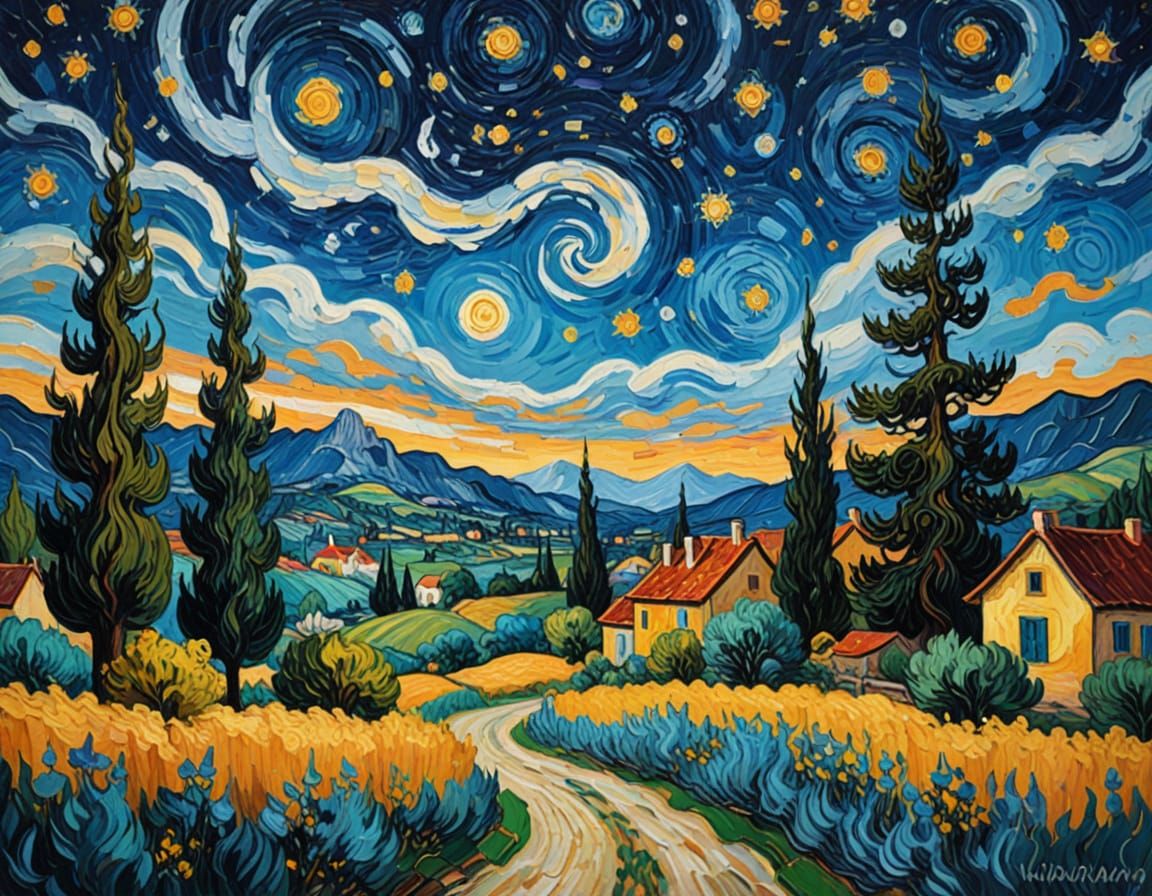 Starry Night Village Scene in Impressionist Oil Painting Sty...