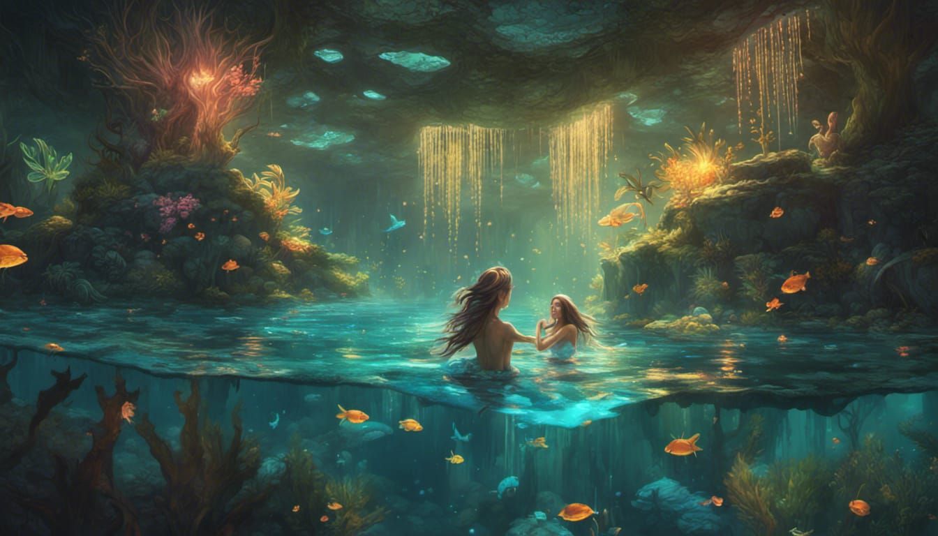 Mermaids Playing in Bioluminescent Cenote, Hyperdetailed Art