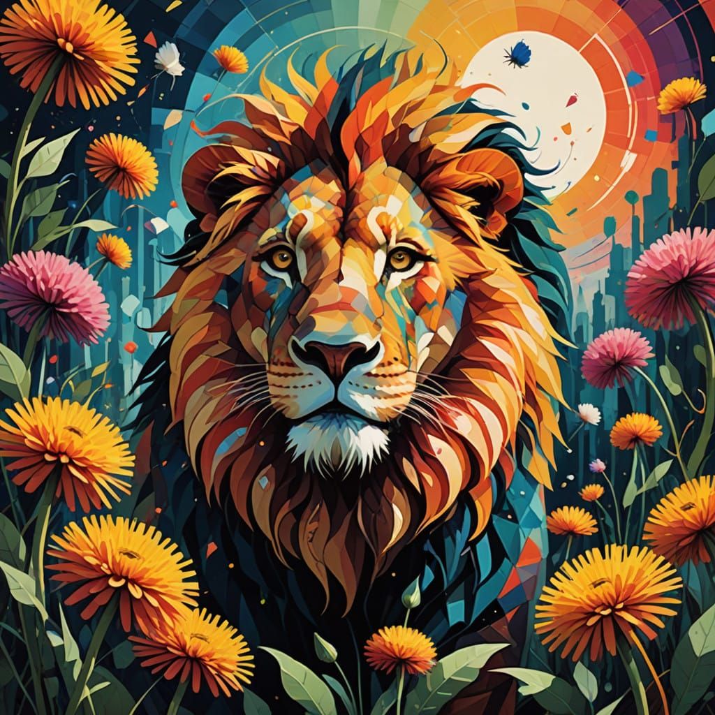 Hyper-Realistic Lion in Vibrant Dandelion Mane Style