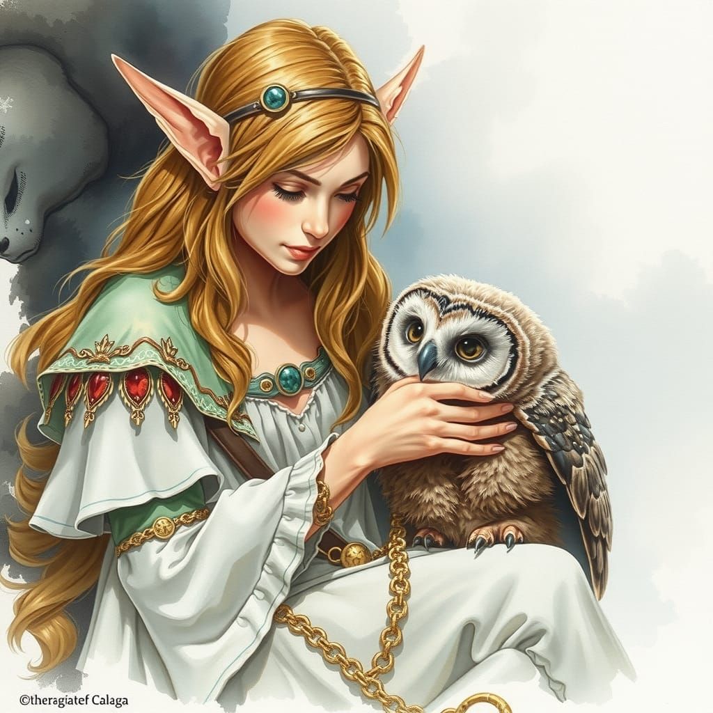 Fair Elf and Owlbear Cub: Watercolor Fantasy Art