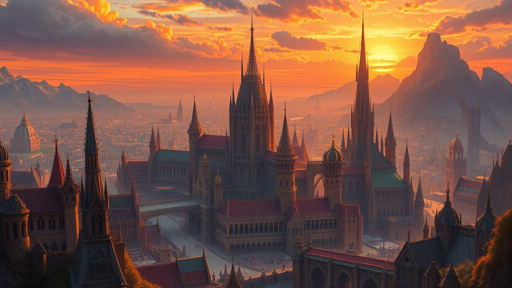 Dreamlike Cityscape in Gothic Style Sunset