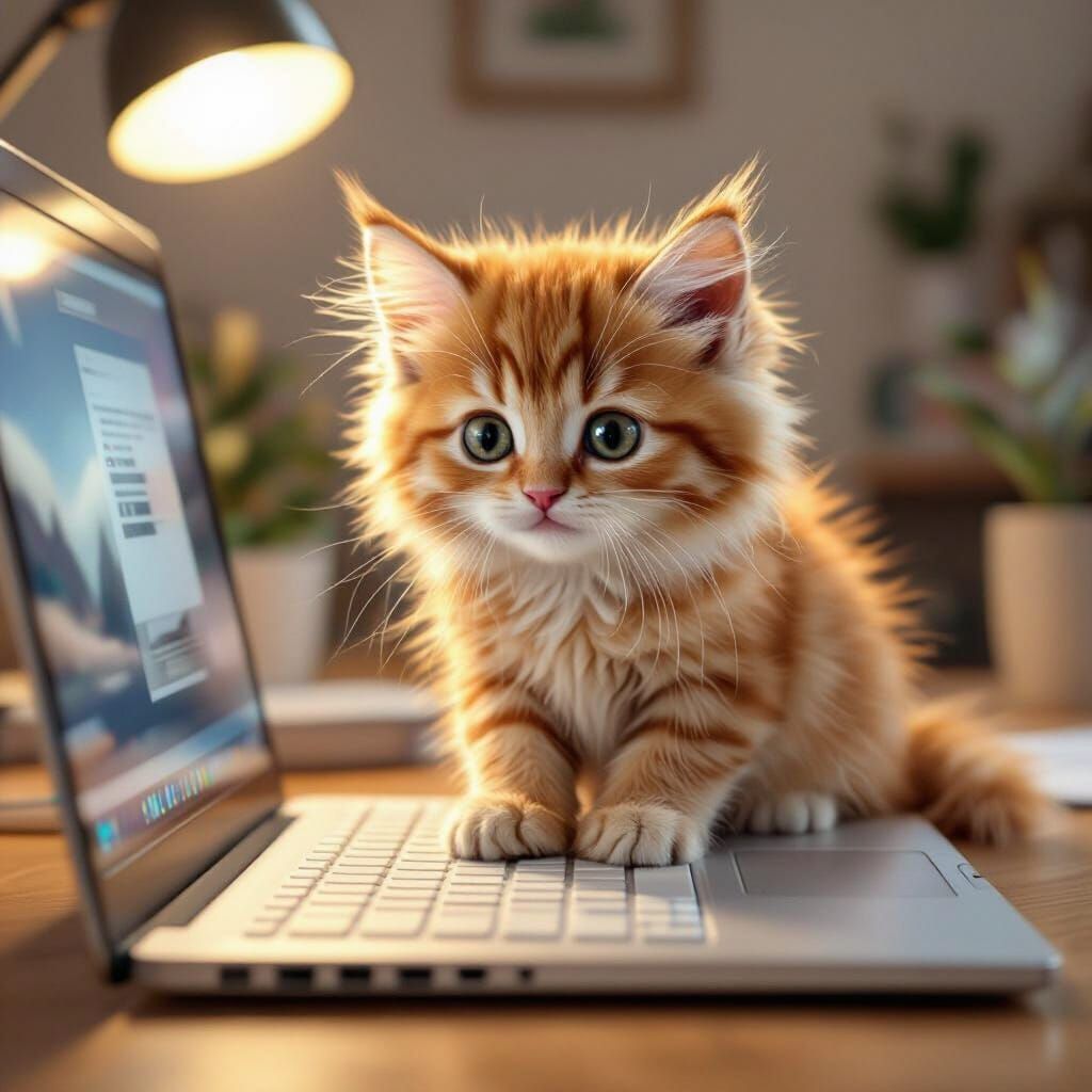 Fluffy Ginger Kitten Plays on Laptop Keyboard