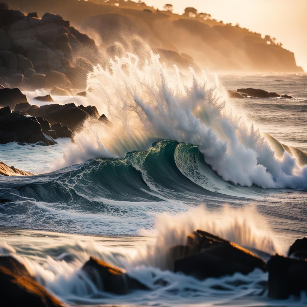 Powerful Wave Crashes on Rocky Shore