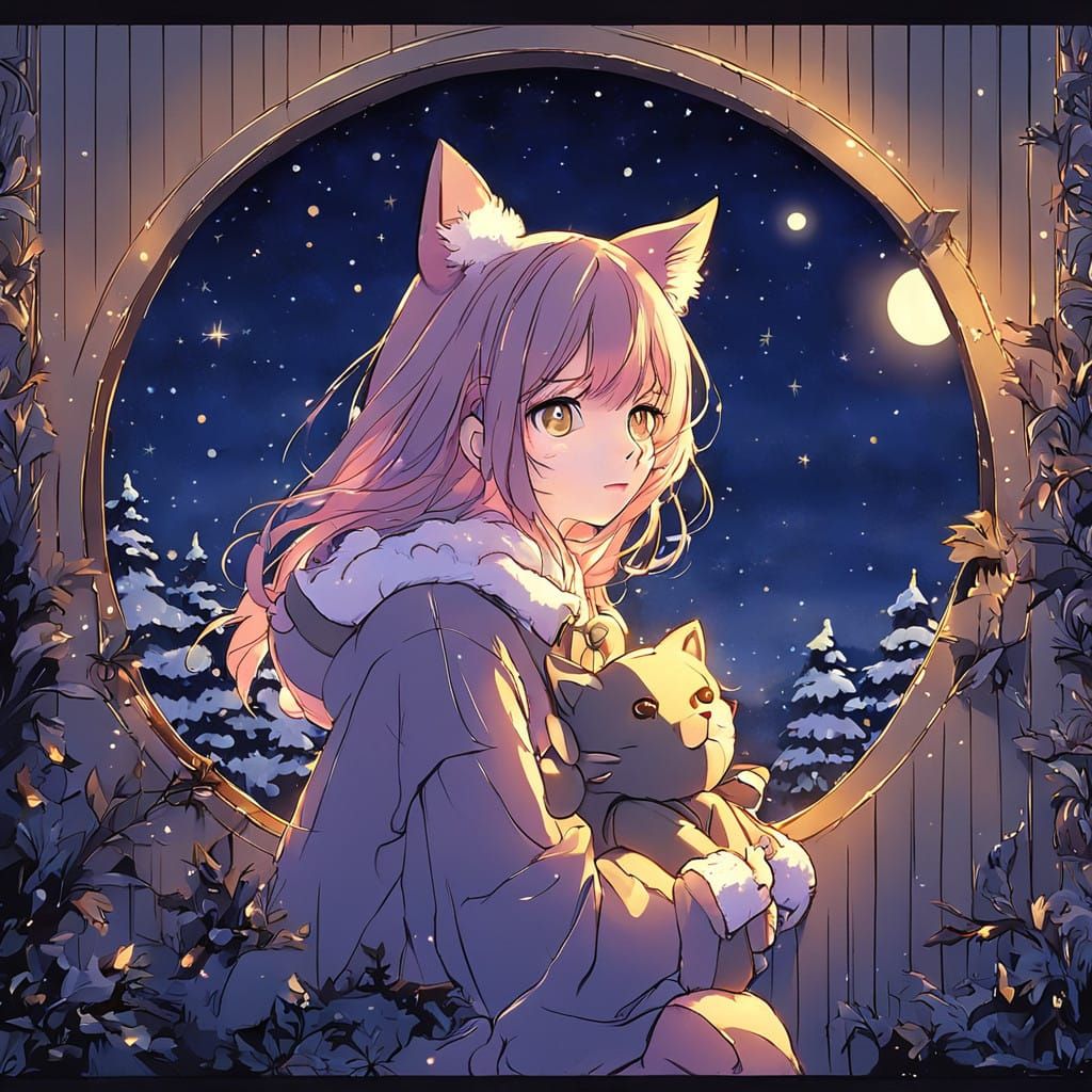 Fairy Tale Winter Scene with Anime Girl and Teddy Bear
