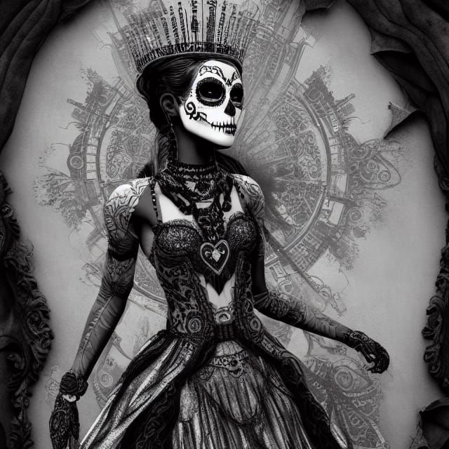 Sugar Skull Princess in Ruins: Grayscale Line Art