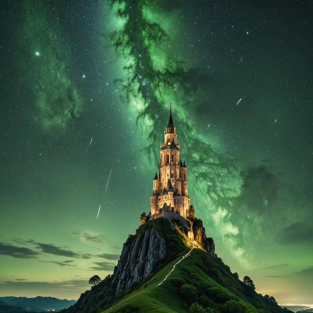 Ethereal Marble Tower Under Starry Night Sky