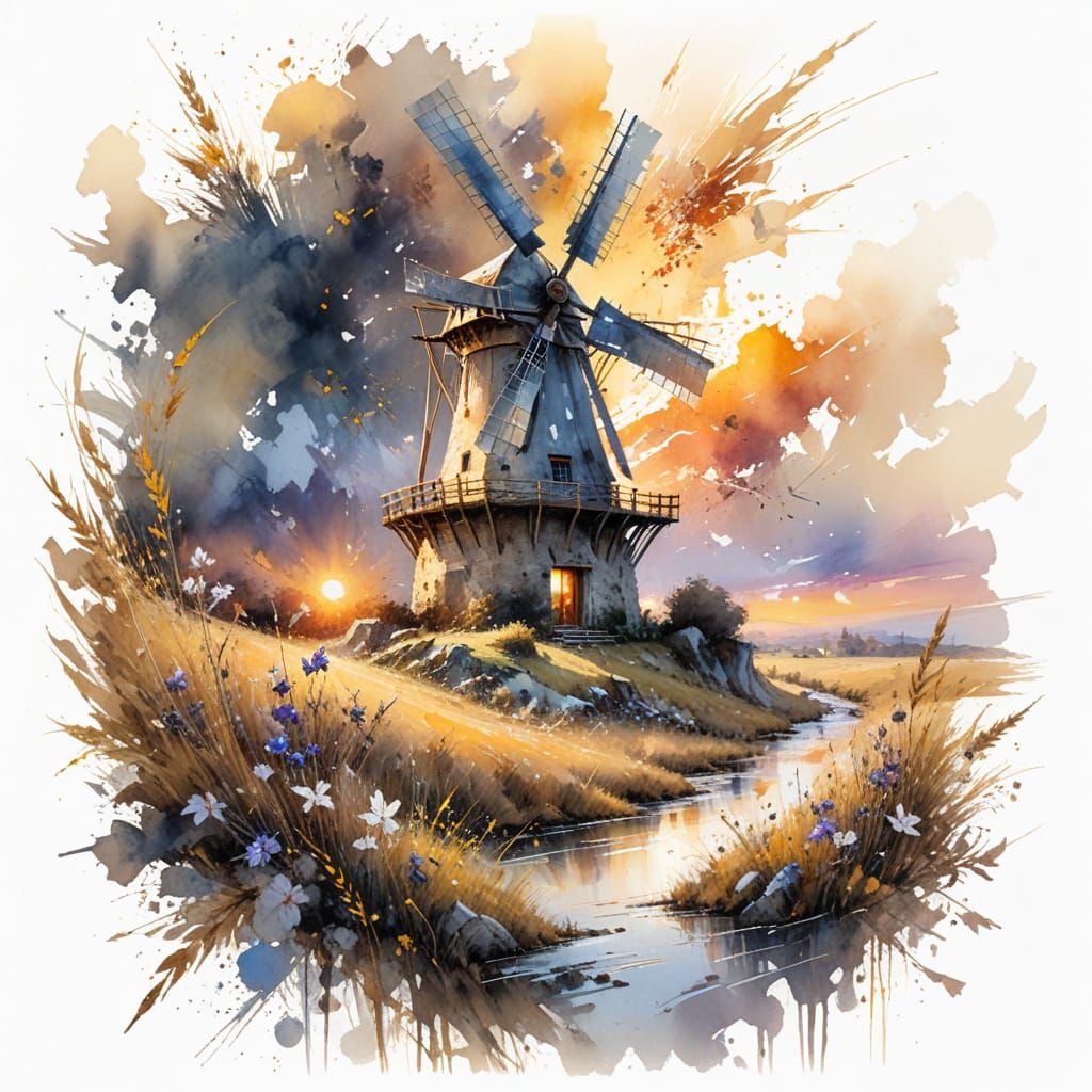 Surreal Windmill Captured in Whimsical Watercolour at Sunset