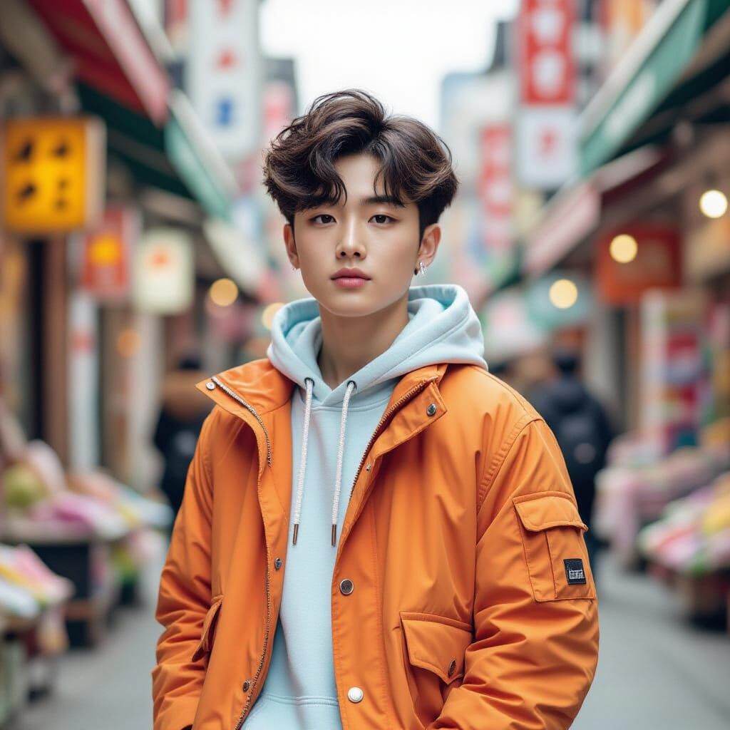 Trendy Korean Boy in Seoul Marketplace, Digital Art