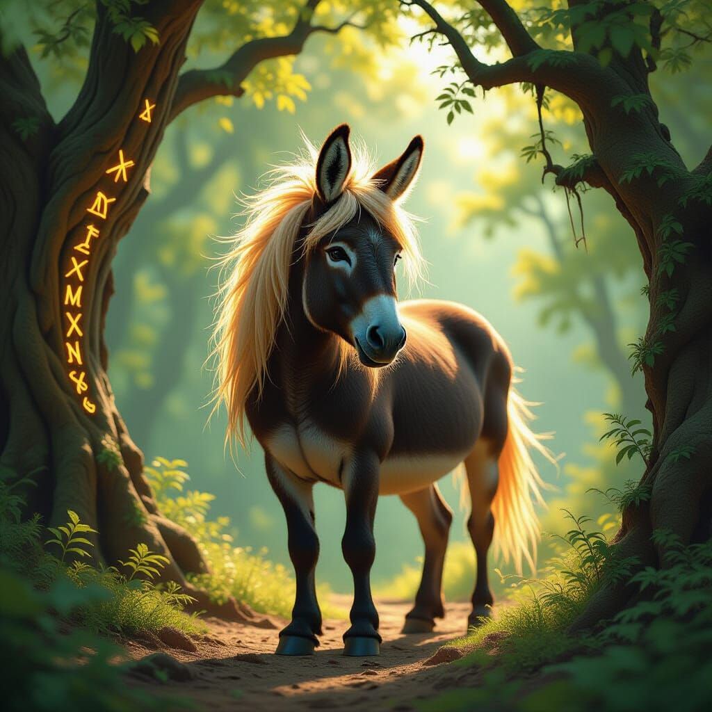 Majestic Donkey with Lion Mane in Enchanted Forest