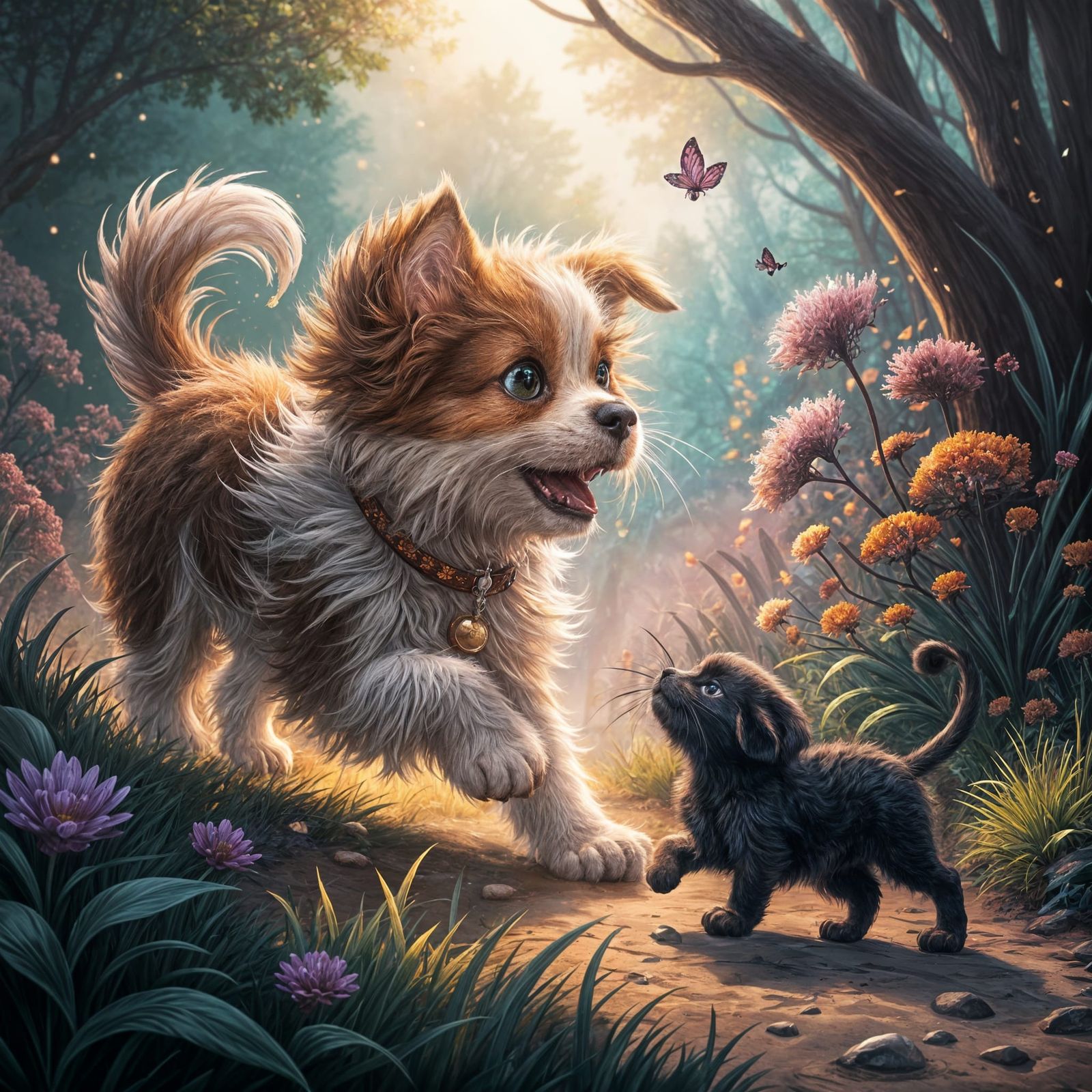 Dog and Cat Playtime: Dreamlike Digital Art