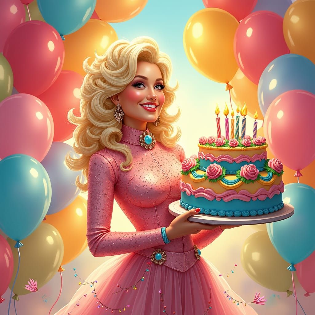 Dolly Parton Birthday Celebration with Cake and Balloons