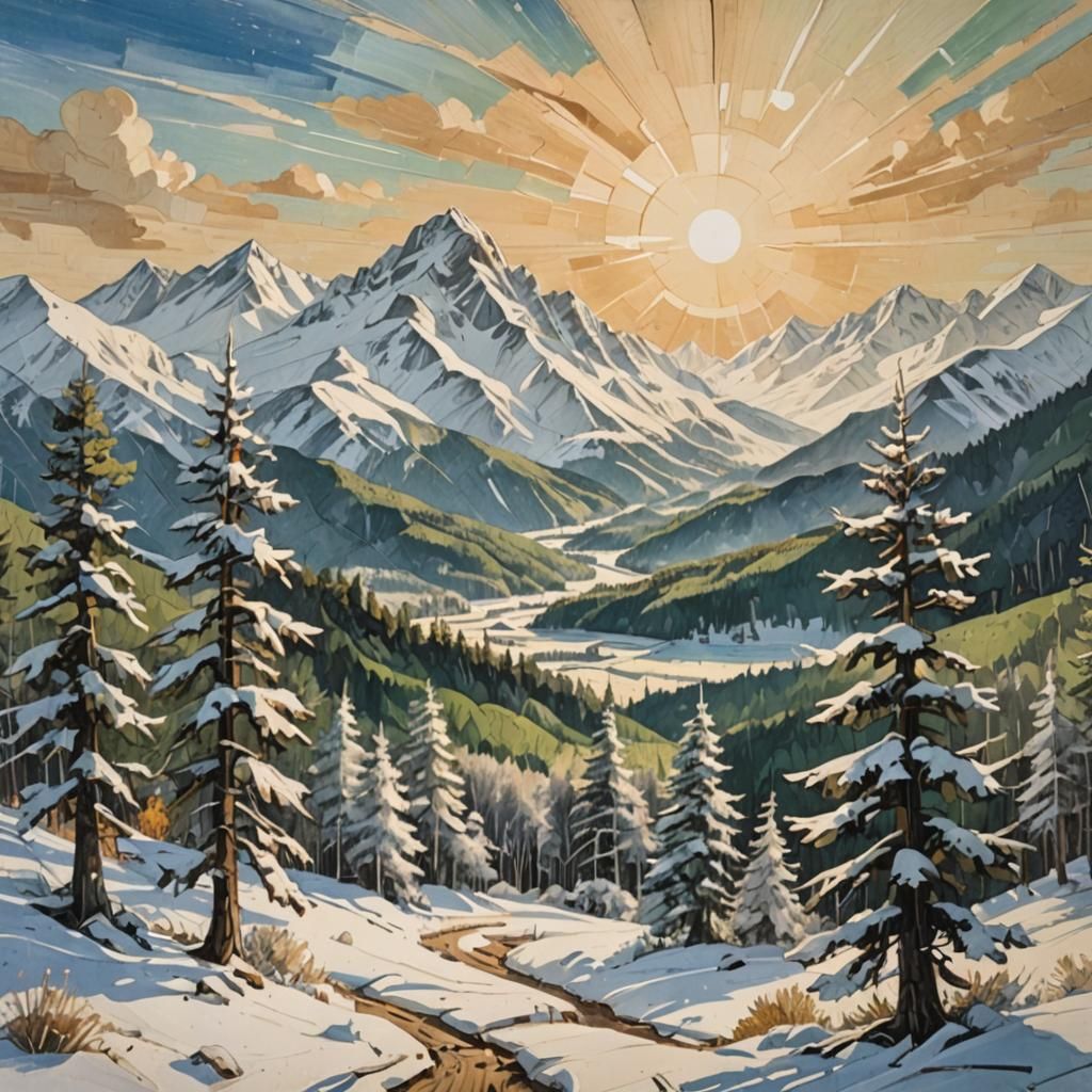 Snowy Mountain Landscape in Mixed Media Style
