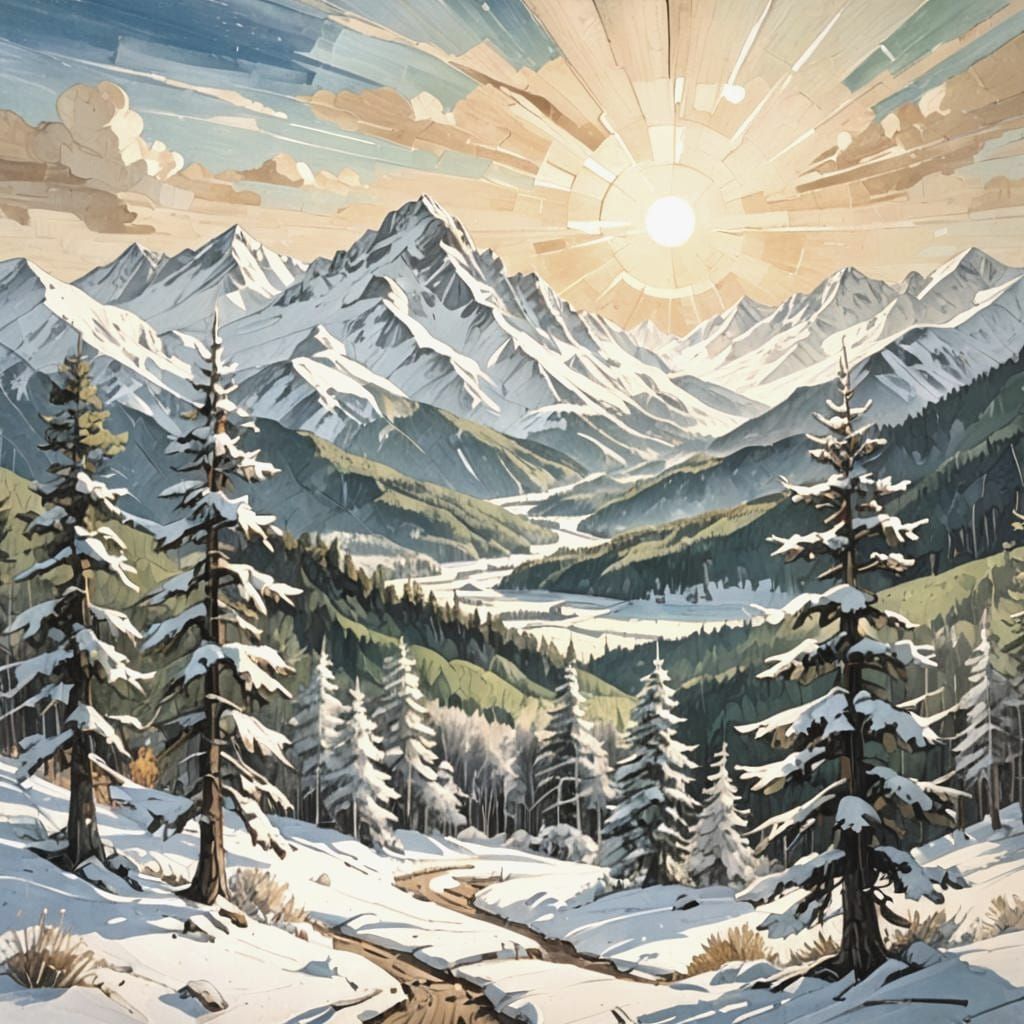 Sunny Snow Mountain Landscape in Mixed Media Style