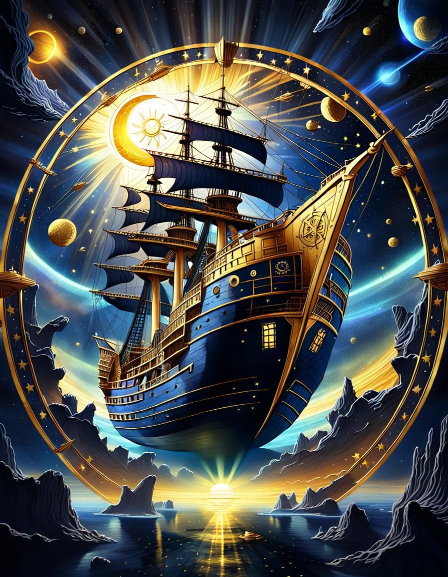 Pirate Ship in Space with Golden Circle